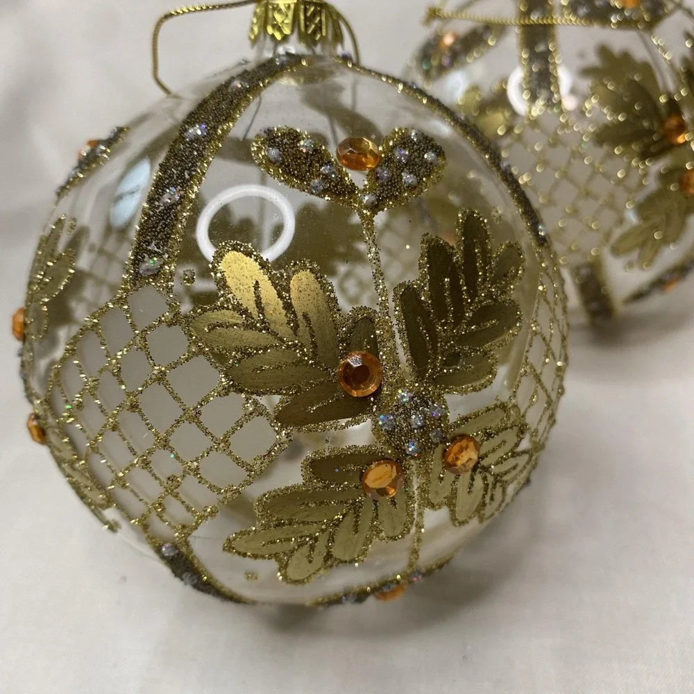 Set Of 4 Pottery Barn Glass Gold Clear Christmas Ornaments